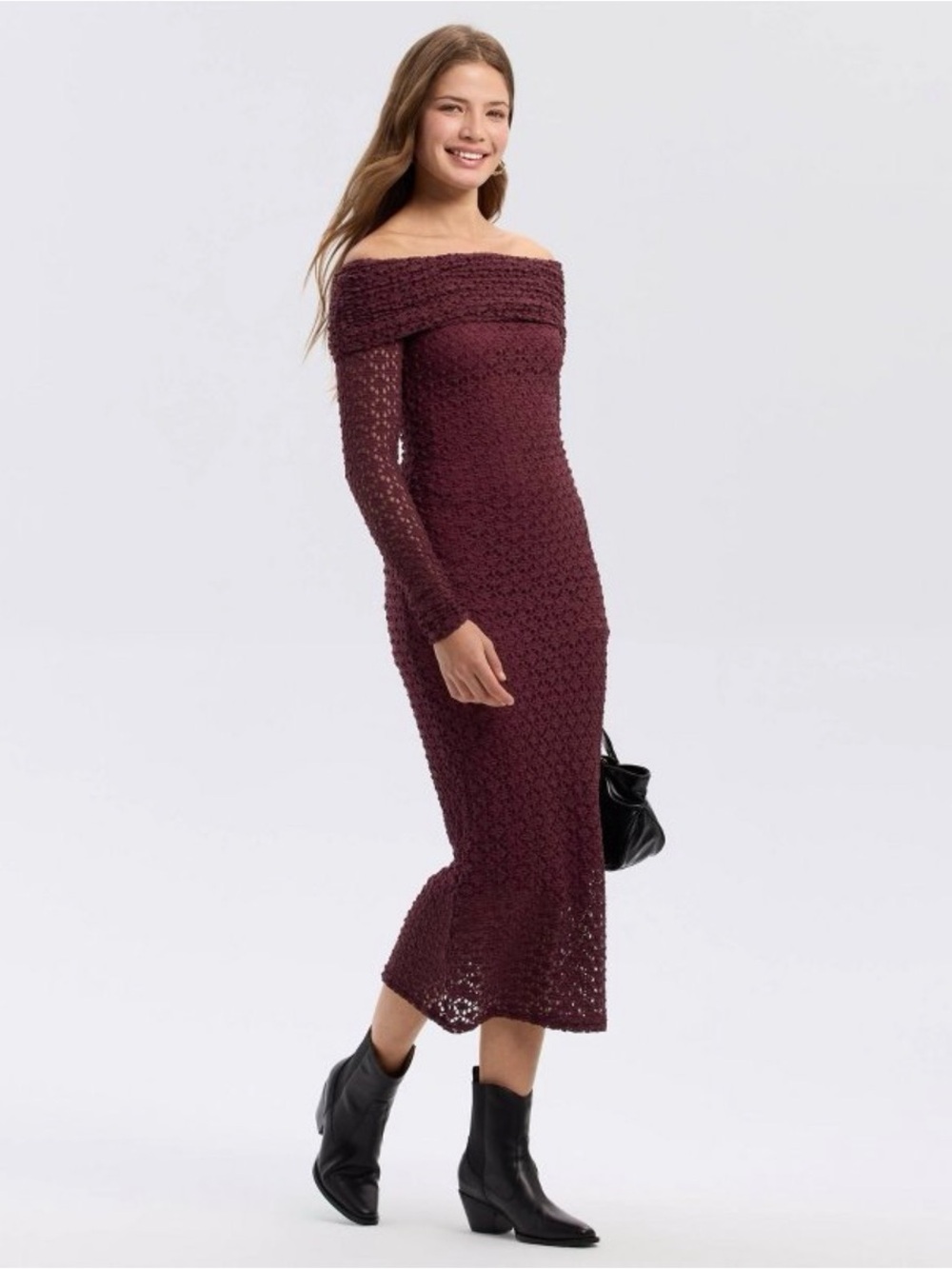 a new day One-Shoulder Crochet Midi Dress in Burgundy